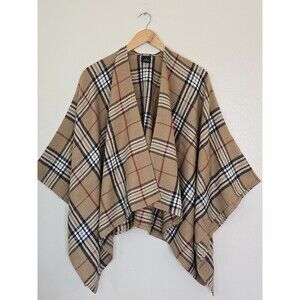 V.Fraas Womens Cape One Size Tan Black Tartan Plaid Pullover Wrap Shawl Layer